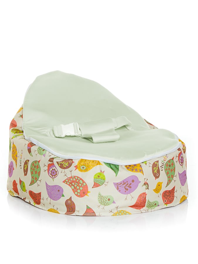 Baby bean bag in Chirpy design featuring green seat top by Chibebe Snuggle Pod