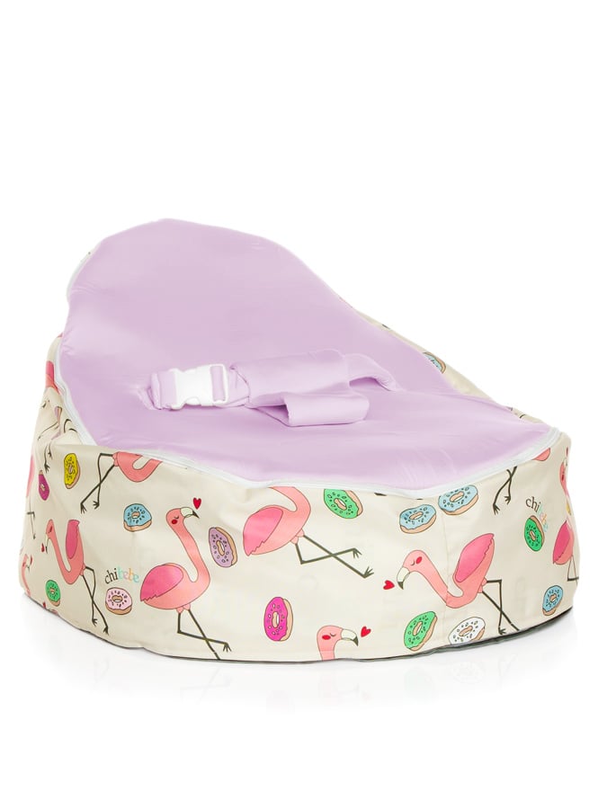 Snuggle Pod baby bean bag in Flamingo design with grape seat by chibebe snuggle pod