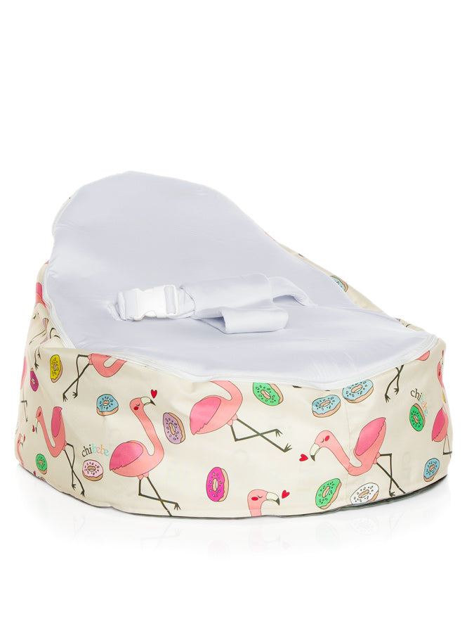 baby bean bag Flamingo design snuggle pod with stone gray seat by chibebe