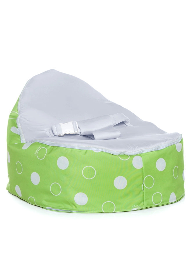 Green Polka Snuggle Pod Baby Bean Bag with Stone Gray seat by Chibebe