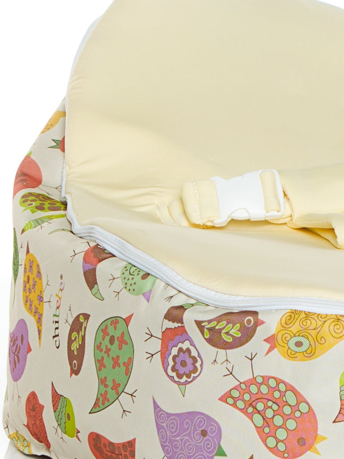 Close up of baby bean bag by chibebe snuggle pods in Chirpy design