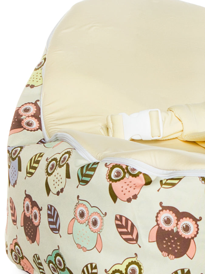 Close up of Snuggle Pod baby bean bag in Hoot design with owls print by Chibebe