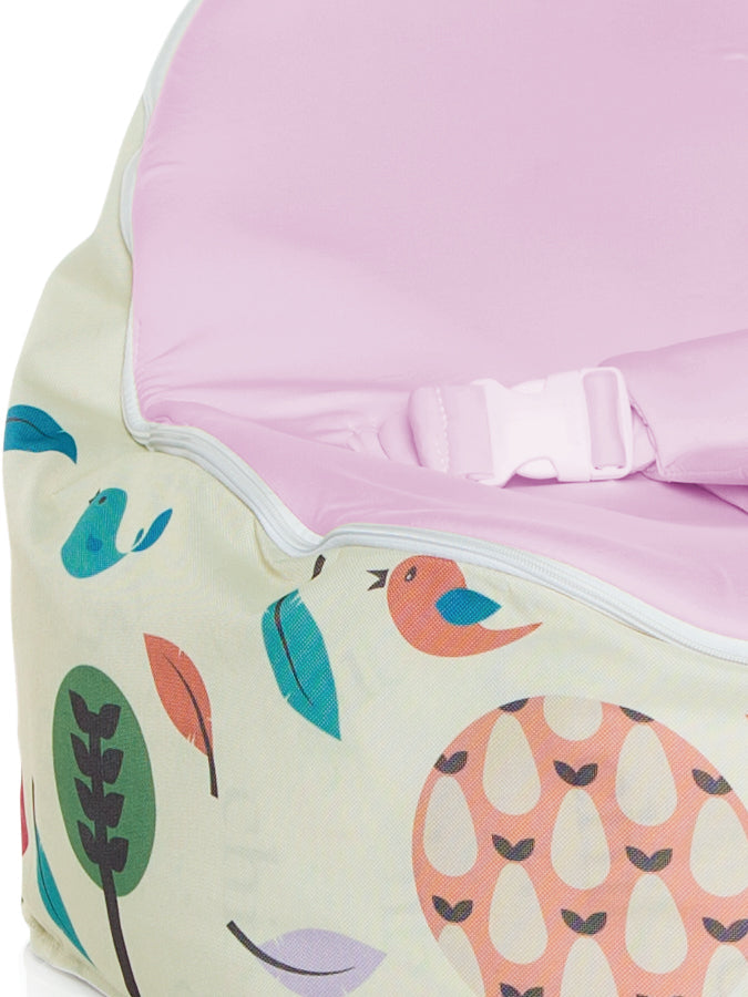 Close up of Woodlands baby bean bag with swappable Grape Purple baby seat