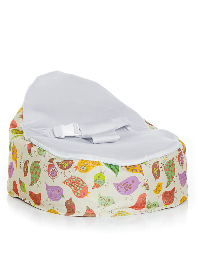 Baby bean bag in Chirpy design by Chibebe Snuggle Pod with Stone Gray seat top