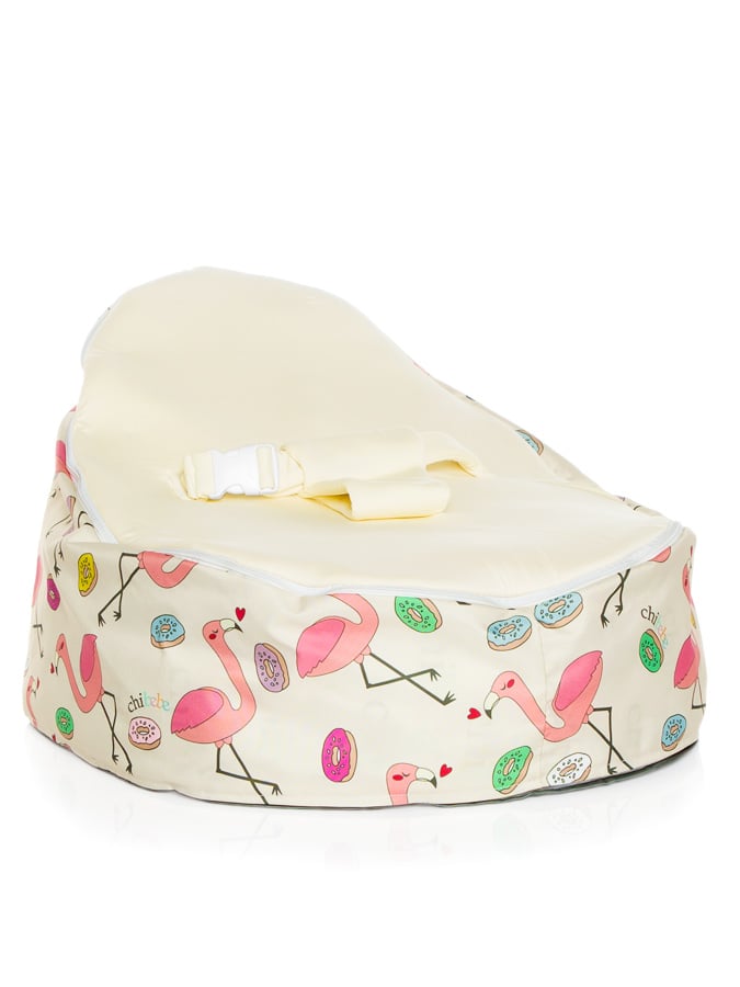 baby bean bag in flamingo design with cream seat by chibebe snuggle pod