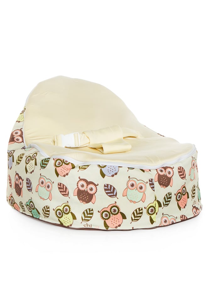 Snuggle Pod baby bean bag in Hoot design with owls print and cream seat by Chibebe