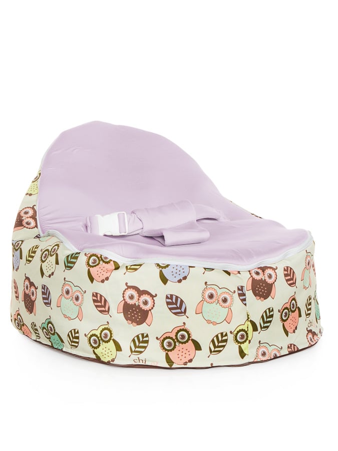 Snuggle Pod baby bean bag in Hoot design with owls print and purple seat by chibebe