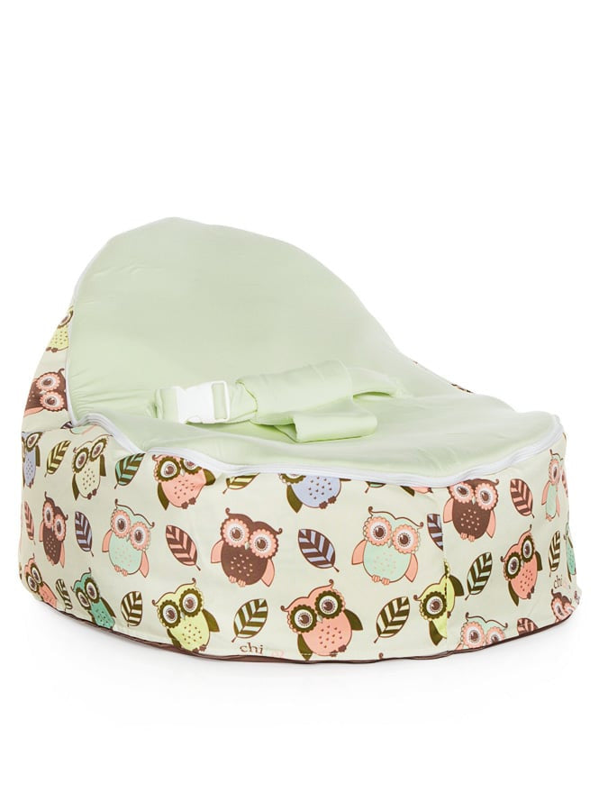 Snuggle Pod baby bean bag in Hoot design with owls print and lime seat by Chibebe