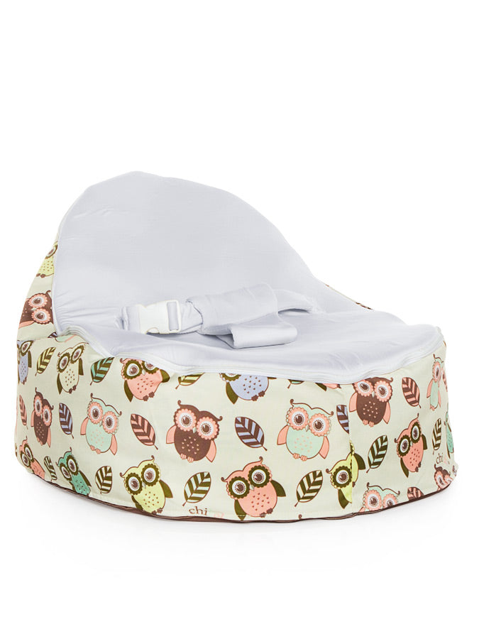 Snuggle Pod baby bean bag in Hoot design with owls print and stone gray seat by Chibebe