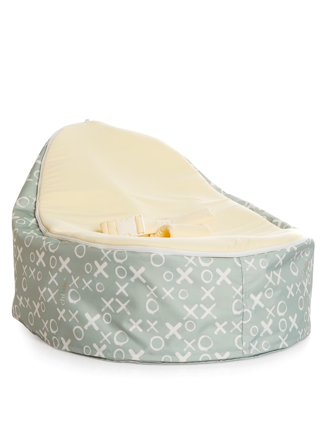 Hugs and Kisses baby bean bag snuggle pod by Chibebe with cream seat