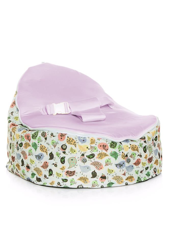 Teeny Birds design Snuggle Pod Baby Bean Bag by Chibebe with Grape Purple swappable seat.