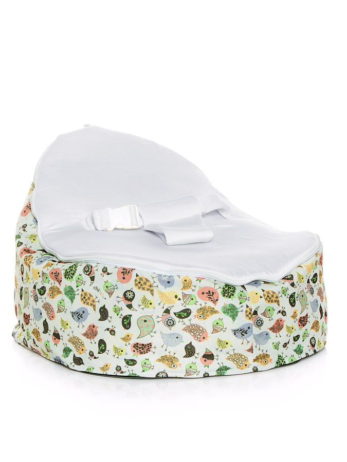 Teeny Birds design Snuggle Pod Baby Bean Bag by Chibebe with Gray Stone swappable seat.