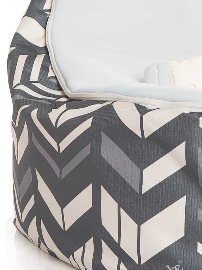 Close up of Chevron baby bean bag by Chibebe Snuggle Pod with Stone seat top